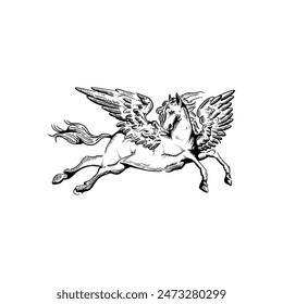 Vintage hand drawn flying Pegasus horse with feather wings art vector