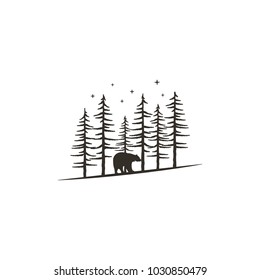 Vintage hand drawn forest concept with bear. Black monochrome design for prints, t shirts, travel mugs, tattoo. Retro hipster adventure style. Stock vector illustration isolated on white background.