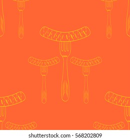 Vintage hand drawn fork with grilled sausage, sketch illustration cutlery tool, seamless pattern