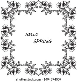 Vintage hand drawn frame with cute leaf floral, for handwritten hello spring. Vector