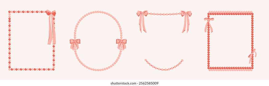 Vintage hand drawn frame with  pink beads and bows. Bows and pearl beads. Elegant Coquette template for greeting cards, weddings, birthdays, invitations, social networks