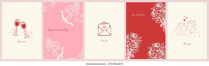 Antiguas dibujado a mano marcos Tarjetas de invitación de San Valentín feliz en el arte caprichoso de moda Cupido, carta de amor, manos con vino, pareja. Plantilla para cartel, Anuncio, invitación, tarjeta.