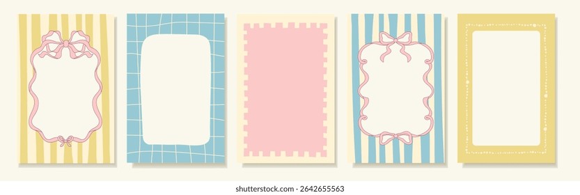 Vintage hand drawn frames with lines, ribbons, and swirls. Colorful minimalist borders in Italian summer style. Decorative elements, stamps, and outlines. Vector template for poster, invitation, card.