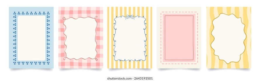 Vintage hand drawn frames with wavy lines, bows, checkered and striped backgrounds. Italian summer vibe. Colorful minimalist borders, postage stamp. Vector template for poster, invitation, card.