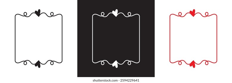 Vintage hand drawn frames with whimsical lines in coquette style. Minimalist line art borders. Template for poster, banner, wedding invitation, birthday etc.  Isolated on white and black background. 