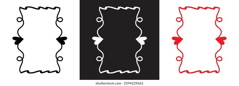 Vintage hand drawn frames with whimsical lines in coquette style. Minimalist line art borders. Template for poster, banner, wedding invitation, birthday etc.  Isolated on white and black background. 