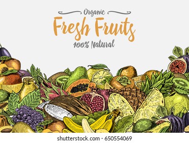 Vintage, hand drawn fresh fruits background, summer plants, vegetarian and organic citrus and other, engraved. pineapple, lemon, papaya, pitaya, maracuya and bananas