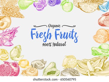 Vintage, hand drawn fresh fruits background, summer plants, vegetarian and organic citrus and other, engraved. pineapple, lemon, papaya, pitaya, maracuya and bananas