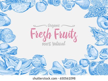 Vintage, hand drawn fresh fruits background, summer plants, vegetarian and organic citrus and other, engraved. pineapple, lemon, papaya, pitaya, maracuya and bananas