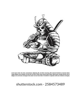 Vintage hand drawn full armor skeleton samurai eating ramen noodle vector art