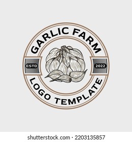 vintage hand drawn garlic farm logo template with soft brown colors suitable for garlic agriculture