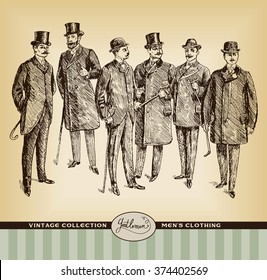 Vintage Hand Drawn Gentleman Set. Men's clothing. Illustration in ancient engraving style