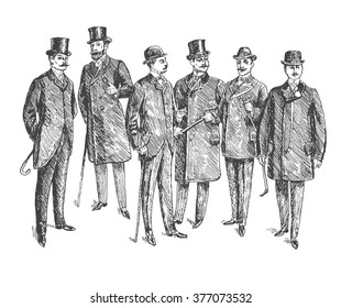 Vintage Hand Drawn Gentleman Set. Men's clothing. Retro Illustration in ancient engraving style