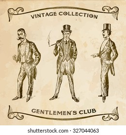 Vintage Hand Drawn Gentlemen Set of male silhouettes retro1900s.