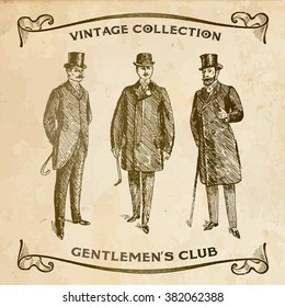 Vintage Hand Drawn Gentlemen Set. Set of male silhouettes retro1900s, 1920s