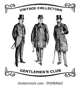 Vintage Hand Drawn Gentlemen Set. Male silhouettes retro1900s, 1920s. Men's clothing. Retro Illustration in ancient engraving style