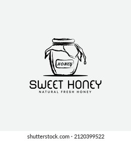 vintage hand drawn Glass jar of sweet honey logo, sweet honey logo design, natural fresh honey logo, vector template
