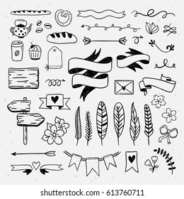 Vintage hand drawn graphic elements. Wedding cute doodle illustrations: ribbons, feathers, dividers, borders, arrows