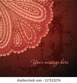 Vintage hand drawn greeting card on grunge background with lace pattern.
