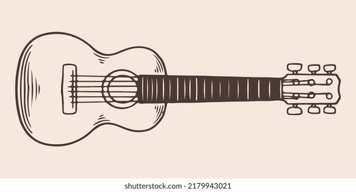 Vintage hand drawn guitar traveler in vintage engraved style. Isolated on white background. front view.