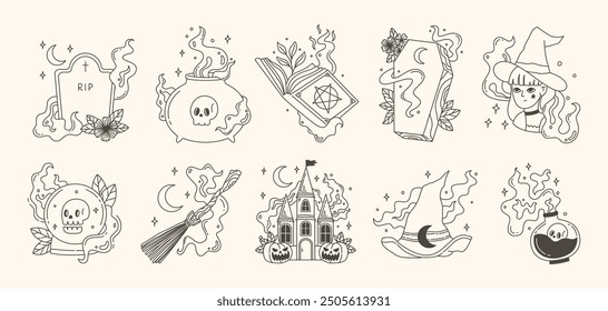 Vintage Hand Drawn Halloween Line Art with Witchy Elements Magical Objects and Spooky Decorations Illustrations Set