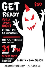 Vintage Hand Drawn Halloween Poster, Card, Invitation, Flyer Design. Ghost Vector Illustration. Holiday Halloween Party Banner. 