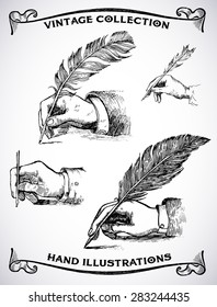 Vintage hand drawn hands writing with a feather pen. Vector set, engraving style