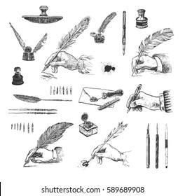 Vintage Hand drawn hands writing with a feather pen. Vector set, engraving style. Inkwells, writing and calligraphical tools, paperweight, penknives, envelope, wafer, stylus, pens, ink blots