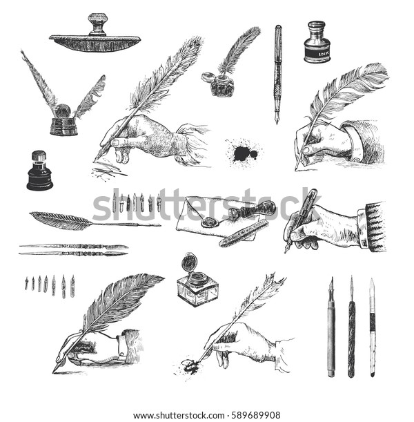 Vintage Hand drawn hands writing with a feather\
pen. Vector set, engraving style. Inkwells, writing and\
calligraphical tools, paperweight, penknives, envelope, wafer,\
stylus, pens, ink\
blots