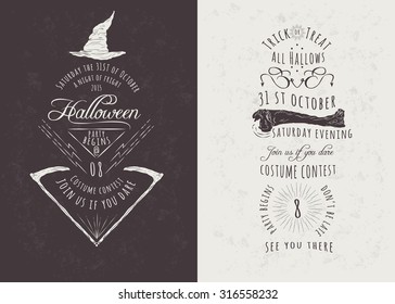 Vintage Hand Drawn Happy Halloween Party Invitations. Vector Illustrations