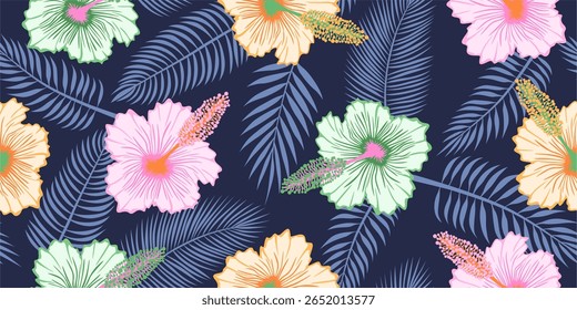 Vintage hand drawn hibiscus flowers seamless patterns. retro exotic Tropical floral classic design for textiles, wallpaper, wrapping paper, fabric, fashion, background vector illustration