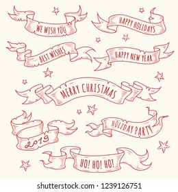 Vintage hand drawn holiday ribbons with text. Scroll sketch.Vector elements for design - posters,gift cards, labels,stickers. New Year design