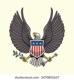 Vintage Hand Drawn Illustration of American Eagle Holding an Olive Branch And Arrows