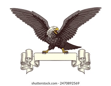 Vintage Hand Drawn Illustration of Angry Bald Eagle Perched on Ribbon