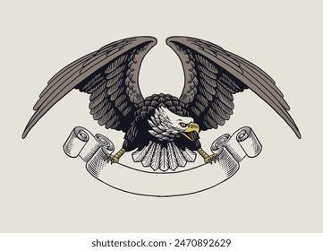 Vintage Hand Drawn Illustration Of Bald Eagle and Blank Ribbon