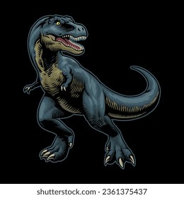 Vintage Hand Drawn Illustration of Blue T-Rex in Full Color