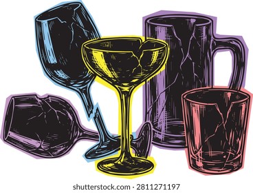Vintage hand drawn illustration of broken glassware and shattered drinking cups with shattered illustration fragment stenciled creative textured glassware container