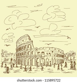 vintage hand drawn illustration of famous ancient tourist destination the colosseum of Rome Italy.