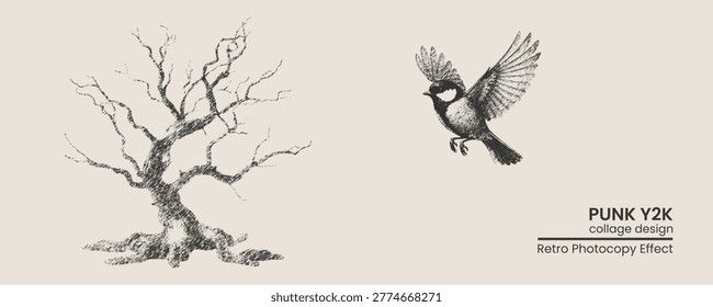 Vintage hand drawn illustration featuring a bare, gnarled tree and a bird in flight, rendered in a sketch style with a retro photocopy aesthetic.