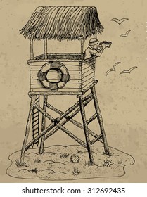 Vintage hand drawn illustration with lifeguard tower on a beach, with gulls and saver
