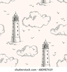 Vintage hand drawn illustration of lighthouse, clouds and seagulls. Vector seamless pattern. Summer vacation.