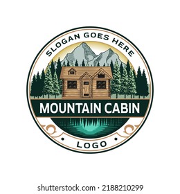 Vintage Hand Drawn Illustration Of Mountain Log Cabin Logo