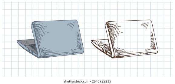 Ilustração desenhada à mão vintage de laptop aberto em cor e monocromático no fundo de papel de notebook grade. Ideal para projetos temáticos de escola, tecnologia, estudantes ou e-learning.
