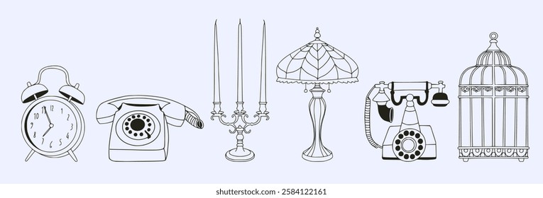 Vintage hand drawn illustration of outline antique objects: alarm clock, candelabra, lamp, old fashioned telephone, decorative birdcage. Classic monochrome fine line art. Retro themed design elements