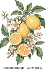 The vintage hand - drawn illustration shows a lemon branch with whole fruits, slices, white flowers, and green leaves. Bright colors overflow with freshness and harvest charm.