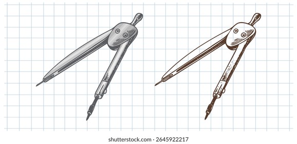 Ilustração desenhada à mão vintage de uma bússola técnica para geometria e matemática, mostrada em estilo colorido e monocromático no fundo da grade do notebook. Ideal para temas de educação e design.