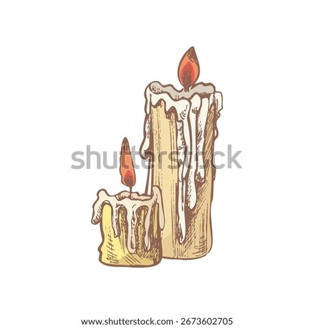 Vintage hand drawn illustration of two candles with flames and melting wax. Beige and red palette. Perfect for halloween decorations, mystical projects, gothic design, witchcraft