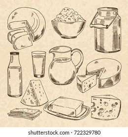 Vintage hand drawn illustrations of yogurt, cheeses and other fresh milk products. Collection of milk food, fresh cheese and dairy cream