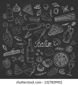 Vintage hand drawn italian food collection on black background. Vector italian set for cafe menu