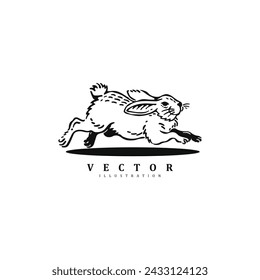 Vintage hand drawn jumping cute rabbit bunny vector logo design